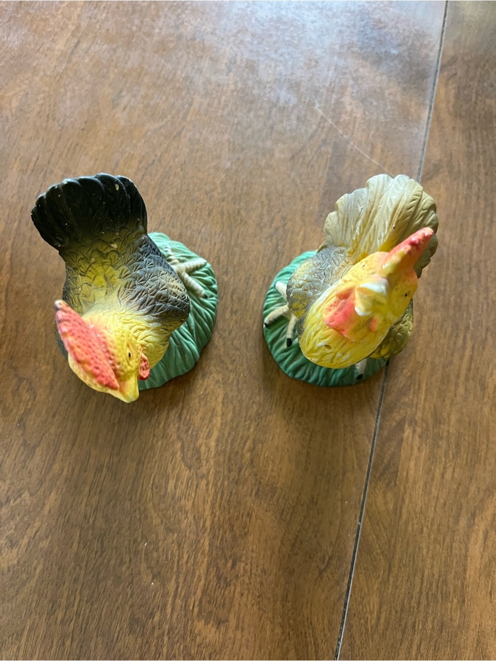 Resin Chicken and Rooster Figurine Pair in Yellow and Green